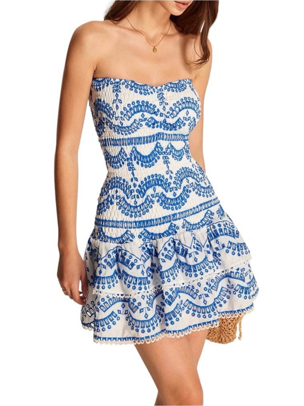 Commense Blue White Embroidered Strapless Smocked Cotton Mini Dress NWT Medium